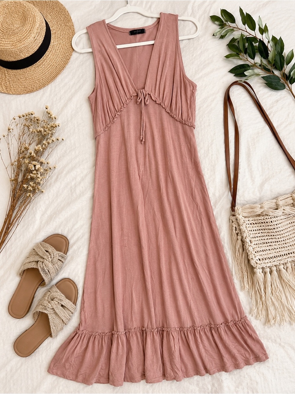21 Saints Dusty Rose Tie-Front Midi Dress | Boho Ruffle Hem | S/M